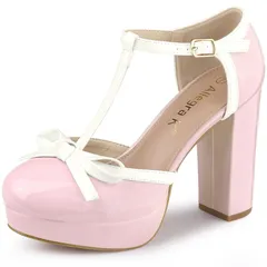 アレグラ ケー レディース シューズ パンプス プラットフォーム ヒール ALLEGRA K Womens Platform Bow T Strap Chunky Heels Pumps Pink ピンク