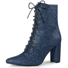アレグラ ケー レディース シューズ ブーツ・レインブーツ アンクル ヒール ALLEGRA K Womens Glitter Pointed Toe Block Heel Ankle Boots Navy Blue ネイビー