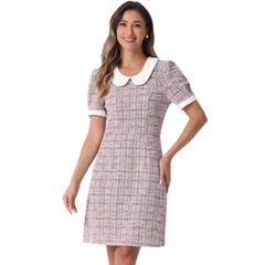 アレグラ ケー レディース トップス ワンピース A ライン ミニ ツイード ALLEGRA K Tweedress for Womens Peter Pan Collar Puffy Short Sleeve Aline Mini Dress Pink ピン