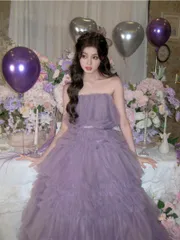 送料無料 パーティードレス ロングドレス ビスチェ バックリボン パープル 成人式 結婚式 二次会 披露宴 ゲスト ウエストマーク タイトシルエット 上品 華やか エレガント 高級感 フェミニン 可憐 おしゃれ