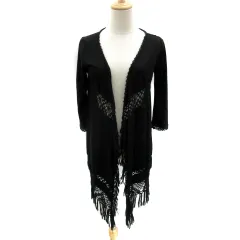 オゾック OZOC カーディガン ロング丈 九分袖 前開き かぎ編み フリンジ 38 M 黒 ブラック /YS3