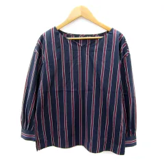 ナチュラルビューティーベーシック NATURAL BEAUTY BASIC ブラウス カットソー 長袖 Vネック ストライプ柄 S 紺 ネイビー /SY24