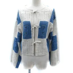 カスタネ Kastane ニットカーディガン ミドル丈 透かし編み リボン F 青 ブルー ライトグレー /SM8