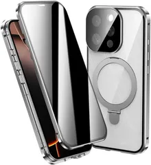 スマホケース iPhone 16 Pro Max 用 アルミケース 両面保護 覗き見防止 強化ガラスフィルム一体型 MagSafe対応 アルミバンパーケース 隠しスタンド ロック付き 9H強化ガラス PC背面 カメラレンズ保護