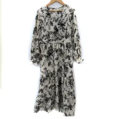 フィフス fifth ワンピース ロング丈 長袖 カシュクール 総柄 ティアード ベージュ 黒 ブラック /SM24