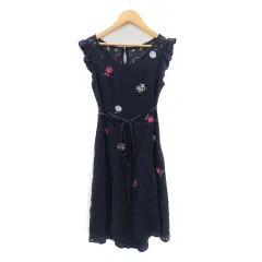 ウィルセレクション WILLSELECTION ワンピース ミモレ丈 ノースリーブ Vネック レース ウエストリボン 花柄刺繡 M 紺 ネイビー /YK43