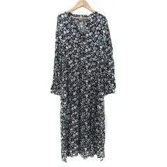 グローバルワーク GLOBAL WORK ワンピース ロング丈 長袖 スリットネック 花柄 L ブラック 黒 /YM15