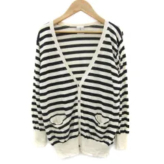 アダムエロペ Adam et Rope' カーディガン ミドル丈 Vネック ボーダー柄 38 M オフホワイト 白 ブラック 黒 /YM33
