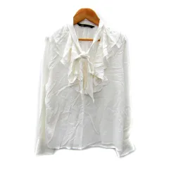 ザラ ZARA ブラウス シャツ 長袖 ドット柄 水玉柄 リボンタイ フリル XS 白 ホワイト /SY48