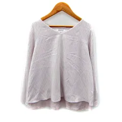 ナチュラルビューティーベーシック NATURAL BEAUTY BASIC ブラウス カットソー 長袖 Vネック ストライプ柄 オーバーサイズ M 薄ピンク 白 ホワイト /SY1