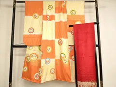 平和屋着物[]七五三　女の子　７歳　祝着　四つ身　志古貴セット　駒刺繍　花蝶丸文　暈し染め　金彩　正絹　逸品　AABG3221ja