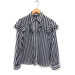 ザラ ベーシック ZARA BASIC ストライプ シャツ ブラウス ラッフル リボン 長袖 XS ブラック 黒 ホワイト 白 /FT6