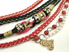 平和屋着物▼和装小物　帯締め２本セット　振袖用　飾り付き　パール　ラインストーン　ハートチャーム　黒　赤　金糸　逸品　CABD8678ju