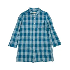 リネン混 CROCODILE クロコダイル チェック 七分袖 チュニック丈 シャツ M/ブルー系 レディース
