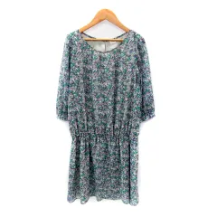 テチチ Te chichi ワンピース ひざ丈 七分袖 ラウンドネック 花柄 マルチカラー M 緑 グリーン 紫 パープル /SY7