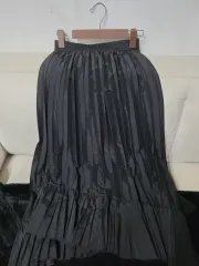 黒色 プリーツ ロング スカート フリル 装飾