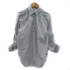 ナチュラルビューティーベーシック NATURAL BEAUTY BASIC シャツ ブラウス 長袖 ギャザースリーブ ストライプ柄 S 白 ホワイト 紺 ネイビー /YS39