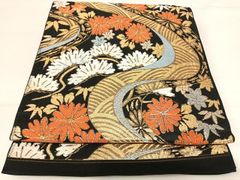 美品 袋帯 振袖用 華紋 桜花 黒 金糸 4m39cm フォーマル 成人式 正絹 