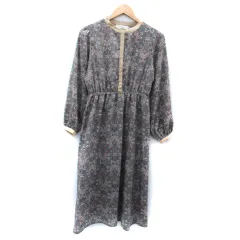 レイカズン Ray cassin ワンピース ロング丈 長袖 バンドカラー ダマスク柄 F マルチカラー ブルーグレー 茶 ブラウン /SM37