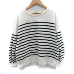 ニコアンド Niko and.. カットソー 長袖 ラウンドネック ボーダー柄 ボリュームスリーブ M アイボリー 紺 ネイビー /SM4