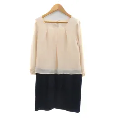 ナチュラルビューティーベーシック NATURAL BEAUTY BASIC ドッキングワンピース ミニ丈 七分袖 切替 ドット柄 M 紺 ネイビー ベージュ /YK39