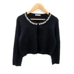 アベニールエトワール Aveniretoile ニットカーディガン ショート丈 七分袖 ラウンドネック 無地 ビジュー装飾 38 M 紺 ネイビー /SY34