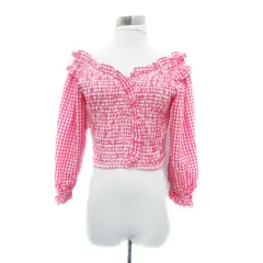 ザラ ZARA ブラウス カットソー オフショルダー 長袖 ギンガムチェック柄 M 赤 レッド オフホワイト /HO34