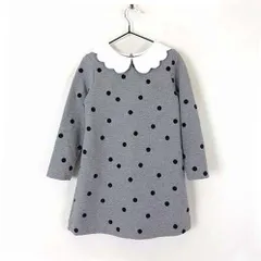 Jacadi ジャカディ スカラップ ワンピース 長袖 ドット 水玉 116cm 6A グレー 紺 ネイビー 白 KIDS 女の子