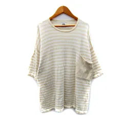 ザラ ZARA ニット カットソー 七分袖 ラウンドネック ボーダー柄 オーバーサイズ L ベージュ 白 ホワイト /SY43