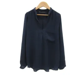 ザラ ベーシック ZARA BASIC ブラウス シャツ 長袖 スリットネック 無地 S 紺 ネイビー /YS2
