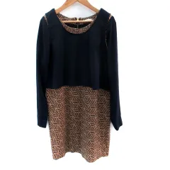 オペークドットクリップ OPAQUE.CLIP ワンピース ひざ丈 長袖 ラウンドネック 総柄 シースルー 切替 重ね着風 M 紺 ネイビー ベージュ /SM20