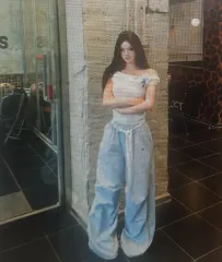 (海外配送)オフショルダー ストライプ トップス + ワイド シャーリング パンツ セット