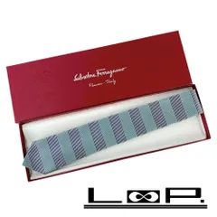 フェラガモ ■中古■ ネクタイ ファッション ビジネス 仕事 ボーダー シルク ブルー 箱 【476433】10