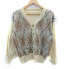 ナイスクラップ NICE CLAUP ニットカーディガン ミドル丈 Vネック チェック柄 切替 F マルチカラー アイボリー グレー /SM26