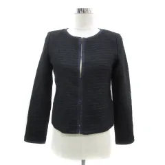 組曲 クミキョク KUMIKYOKU ノーカラージャケット ミドル丈 ボーダー柄 ツイード 2 紺 ネイビー /YS35