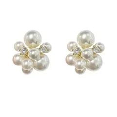 【新品】 CHERRY Knot パール フラワー イヤリング ノンホールピアス ビジュー CZダイアモンド ジルコニア 大人 可愛い レディース 人気 (樹脂ピアス イヤリング) (クリップイヤリング：ゴールド)