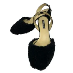 ファビオルスコーニ FABIO RUSCONI サンダル ラウンドトゥ チャンキーヒール バックストラップ スリングバック ファー ボア ベロア 無地 イタリア製 37 23.5cm位 黒 ブラック 