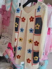 アイボリー 花柄 クロシェ 編み カーディガン