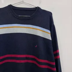 ノーティカ ヘビー編み マルチ ストライプ ラウンド ニット