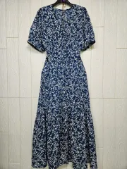 126 ブルー花ロング丈ワンピース