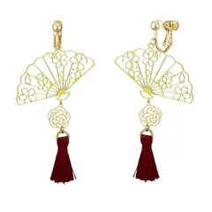 【新品】 [ジュエリーショップエム] レディース イヤリング ノンホール 樹脂 和柄 桜 アクセサリー 金属アレルギー対応 日本製 水引 タッセル ゴールド 赤 acc26 E 扇子 G RD 1