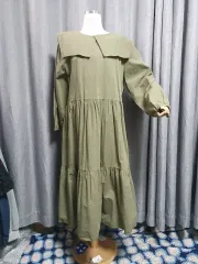 カーキ ビック襟 シャカシャカ素材 マキシワンピース