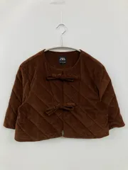 ZARA ザラ ノーカラージャケット USA M ブラウン コットン 無地 リボン キルティング ショート丈