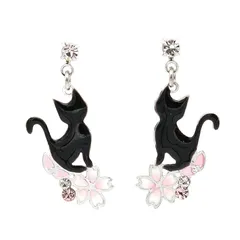 【新品】 [ジュエリーショップエム] 日本製 黒猫 桜 アシンメトリー 金属アレルギー対応 レディース 樹脂イヤリング ノンホール シルバー acc16 BK sakura 1