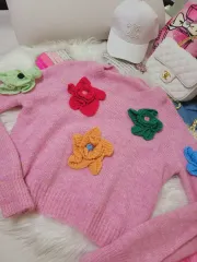ピンク 花 刺繍 ニット