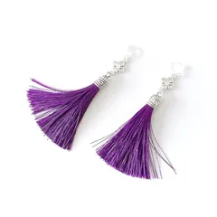 【新品】 ノンホールピアス イヤリング クローバー ミドルサイズ 四つ葉 揺れる カラー フリンジ シルバー (紫)