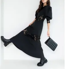 55 H&M レイシー・トリミング・ブラック・マキシ・ワンピース