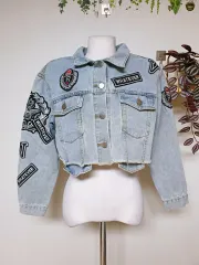 ワッペン装飾 クロップド デニムジャケット 55 66 77 ライトブルー
