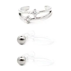 【新品】 miwaki イヤーカフ イヤリング ストーン メタルボール 2個セット レディース メンズ アクセサリー 日本製 金属アレルギー対応 ツーストーン シルバー oec03-b