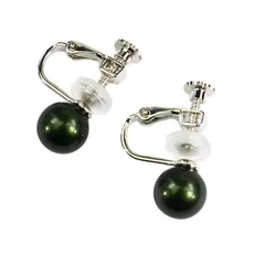 【新品】 [クレインズコレクション] 日本製 磨き貝パール イヤリング 選べるカラー 天然 花珠級 真珠 シリコンパッド ケース付 ロゴ入りミニ巾着 5年 冠婚葬祭 (ブラックグリーン×シルバー, E10mm) 1